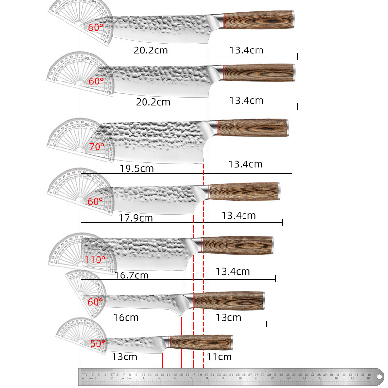 A 7-piece set of hand-forged kitchen knives with yellow wooden handles from an export-oriented manufacturer, Amazon knives, and chef knives Specification drawing