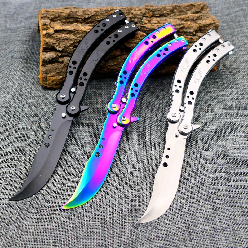 CSGO spring buckle Butterfly knife, folding butterfly swing practice knife, unedged claw training, curved knife toy, portable full figure