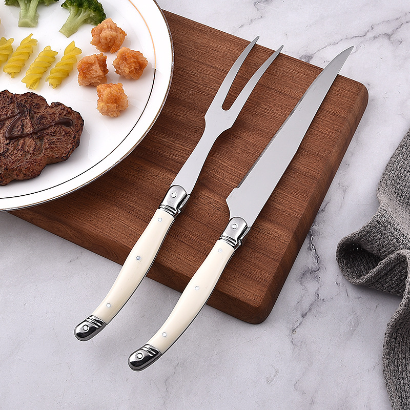 Milky white ABS plastic handle stainless steel tableware, Western tableware, steak knives, forks and spoons, salad and barbecue knives and forks details Picture