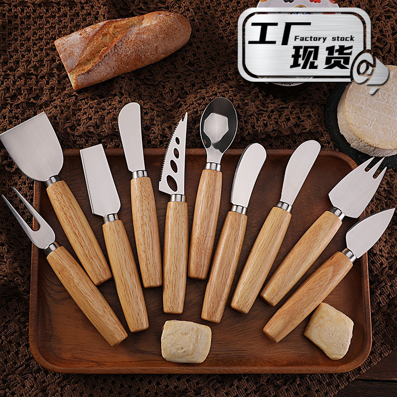 Factory stock rubber wood cheese knife, butter knife, stainless steel cheese knife set, Western-style tableware knife and fork, cheese knife full figure