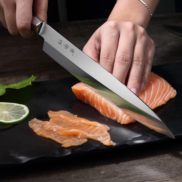 Shiro sushi knife, Japanese sashimi knife, salmon cutting knife, raw fish slice knife, willow leaf knife, Japanese cuisine knife Application Scenario