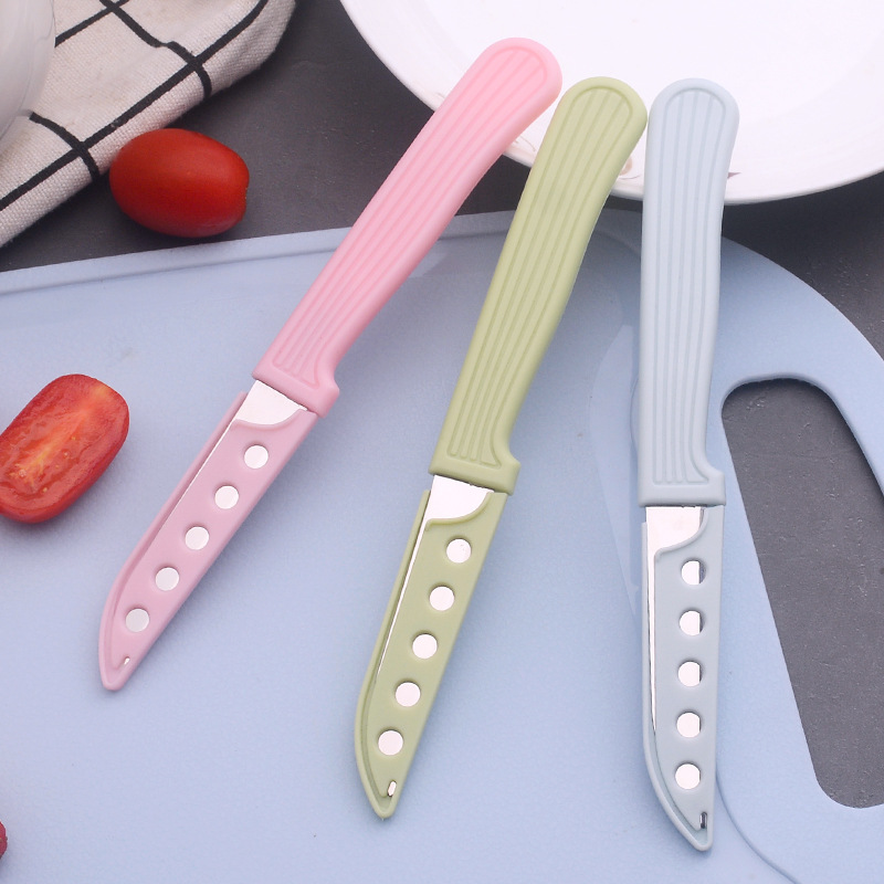 Wholesale portable straight knife for the kitchen, household fruit peel cutting knife, stainless steel colored sleeve mini fruit knife details Picture