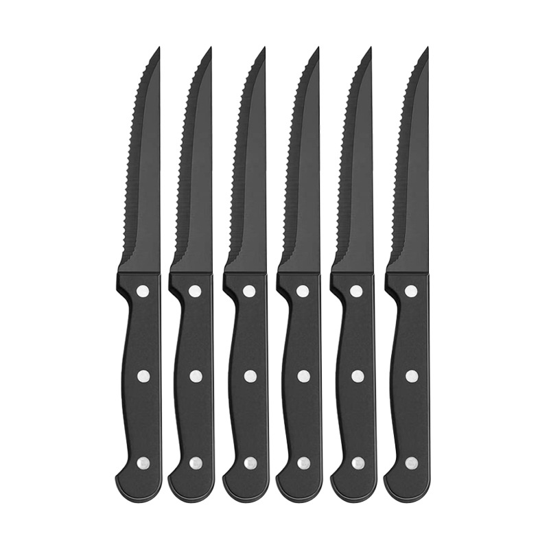 In stock: 4.5-inch stainless steel steak knife with pointed tip, plastic-handled serrated steak knife, hotel and household special dining knife Application Scenario