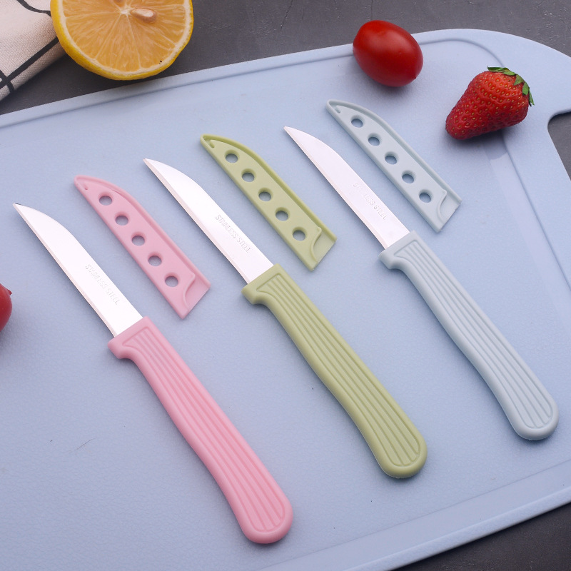 Wholesale portable straight knife for the kitchen, household fruit peel cutting knife, stainless steel colored sleeve mini fruit knife Application Scenario