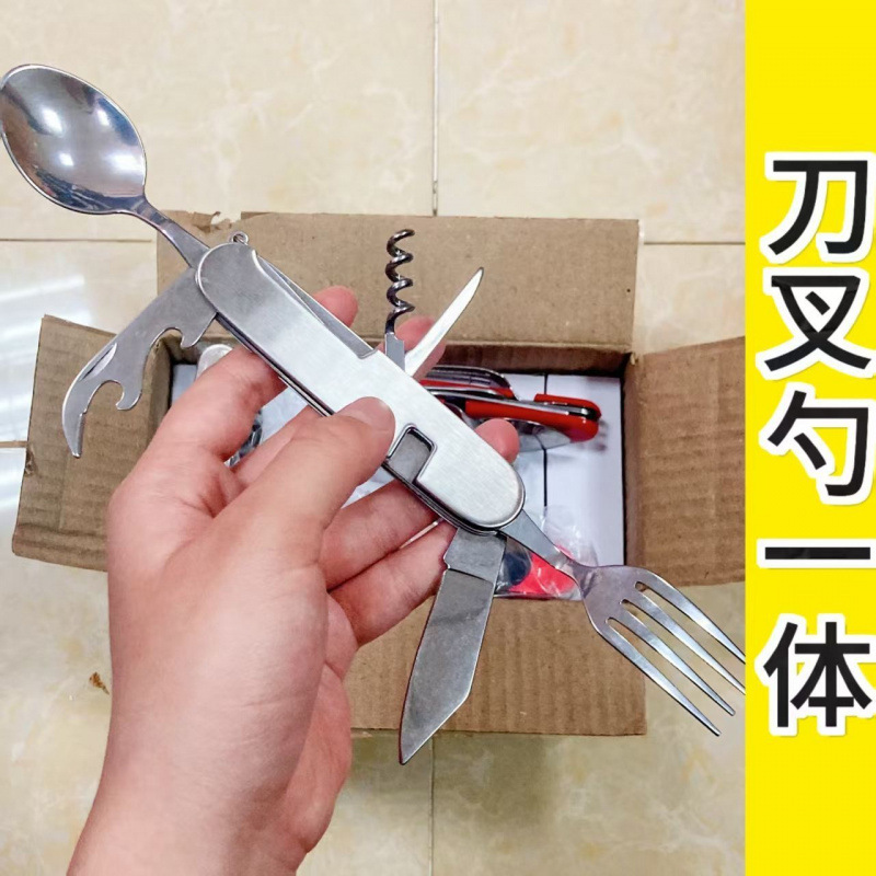 Western food knife and fork detachable tableware, picnic props, outdoor folding tableware, stainless steel large six-piece knife, fork and spoon set Item Picture