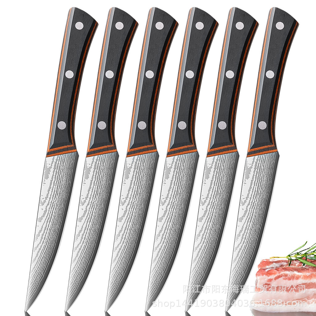 A 5-inch steak knife with a square handle made of colored wood, specifically designed for home use in restaurants. It is sharp and lightweight, and can be used in kitchens for cutting vegetables and meat across borders Application Scenario