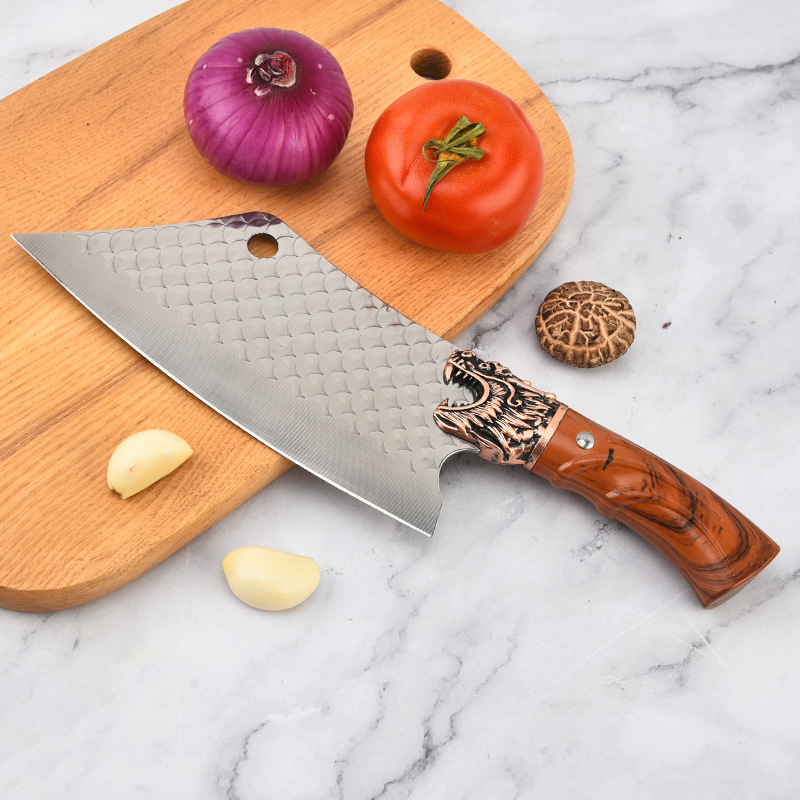 Factory wholesale kitchen slicing knives, ancient-style forged dragon head fish scale pattern chopping knives, kitchen knives, bone chopping knives, household knives full figure