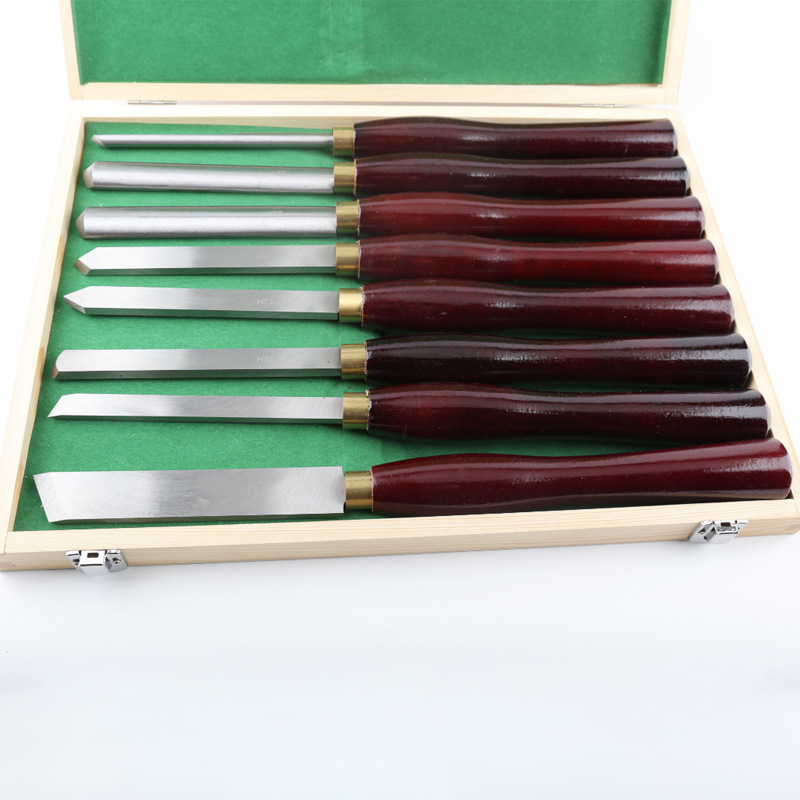 8 pieces of red-handled woodworking turning tools, milling cutter sets, woodworking turning tools in wooden boxes, woodworking engraving turning tools in stock factory full figure