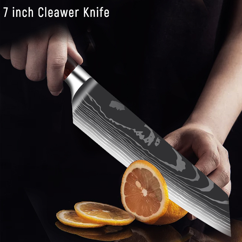 Original manufacturer's red resin handle Damascus laser pattern set meat slicer, chef's knife, Santoku knife details Picture