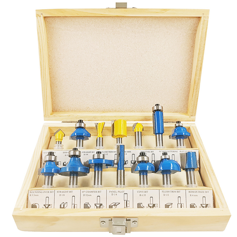 12-piece and 15-piece sets of milling cutter sets, edge decoration machines, engraving machines, woodworking milling cutters, 1/4 shank, 1/2 shank, hard alloy cutter heads Item Picture
