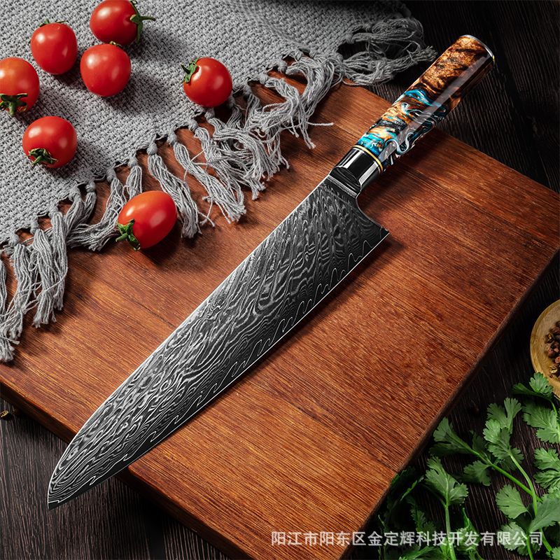 Damascus steel chef's knife, Japanese household side dish knife, sharp slicing knife, kitchen meat cutter, sushi knife, kitchen knife Specification drawing