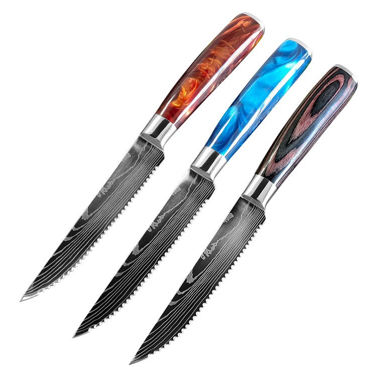 Cross-border hot Damask patterned steak knife, multi-functional chef knife, kitchen serrated knife, Western steak knife Item Picture