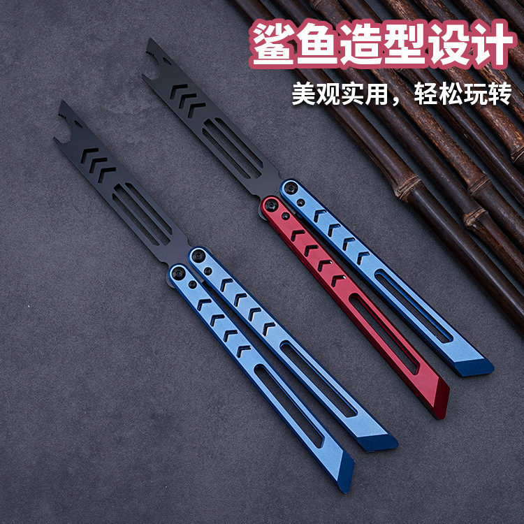 The new giant shark butterfly knife is an unsharpened 6-series aluminum handle training knife with CNC craftsmanship and fancy design. It features a high level of appearance and folding and swinging details Picture