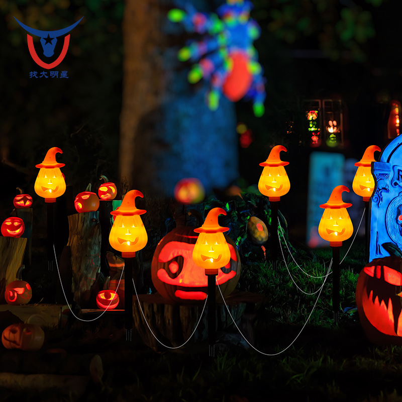 1 drag 6 solar wizard hat pumpkin lanterns 8 functions Halloween atmosphere decorative lights Courtyard lawn led ground socket lights Specification drawing