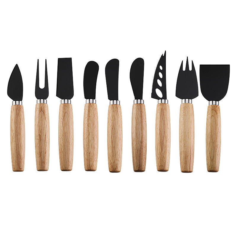 Cross-border in-stock stainless steel black non-stick coated cheese knife and fork, rubber wooden handle cheese knife, cheese knife set Item Picture