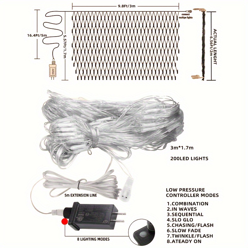 200 LED Net String Lights 9.8FT x 6.5FT Connectable 8 Modes Application Scenario
