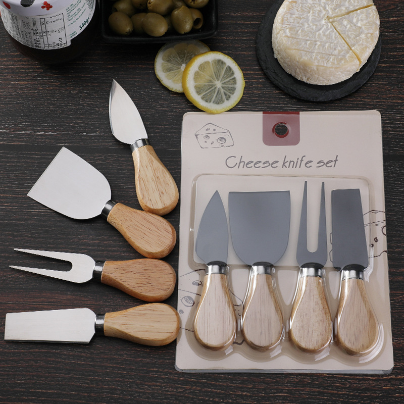 Factory stock: card-inserting packaging, rubber wooden handle, cheese tool, knife, fork, stainless steel 4-piece set, cheese knife cover Application Scenario