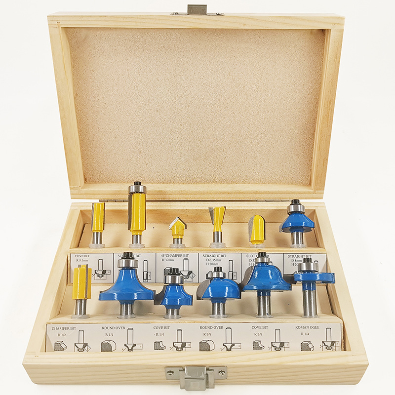 12-piece and 15-piece sets of milling cutter sets, edge decoration machines, engraving machines, woodworking milling cutters, 1/4 shank, 1/2 shank, hard alloy cutter heads Specification drawing