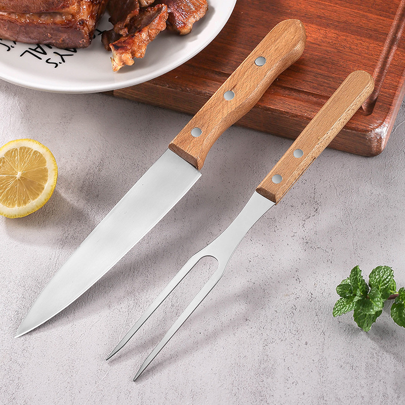 Cross-border Western cuisine knives, beech wood Western cuisine knives and forks, camping meat slicers, stainless steel knives and forks, restaurant steak knife and fork sets full figure