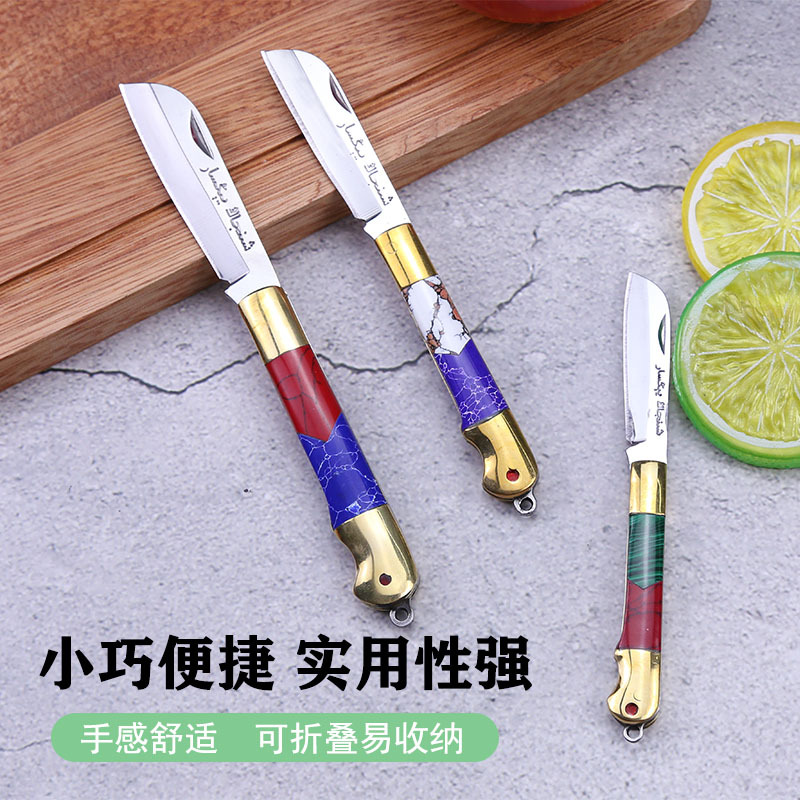 Exotic stainless steel fruit knife, mini brass folding knife, portable knife, keychain knife details Picture