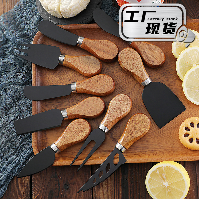 Factory stock stainless steel black non-stick coated cheese knife, butter knife, tableware knife and fork, acacia wood cheese knife full figure