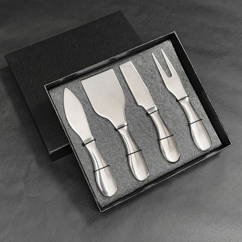 Cross-border stainless steel cheese knife and cheese knife gift box set, household butter knife, fork, sharp knife, spatula 4-piece set full figure