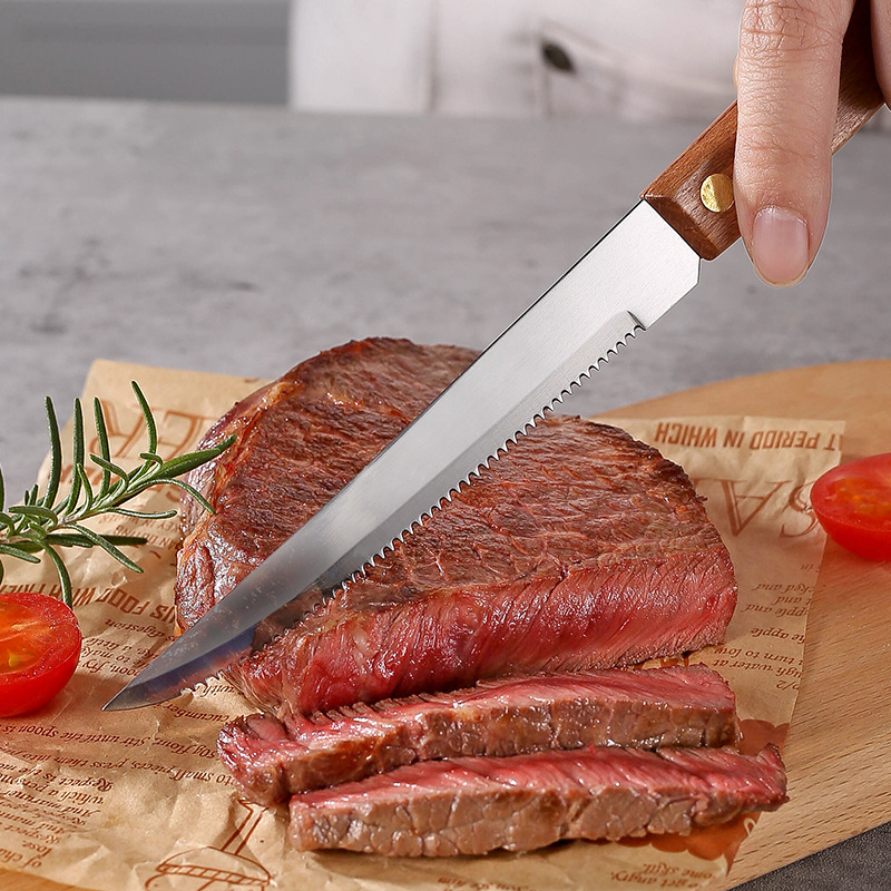 Wooden handle pointed knife, steak knife, stainless steel Western cuisine knife, steak knife, Western cuisine steak knife, household sapele details Picture