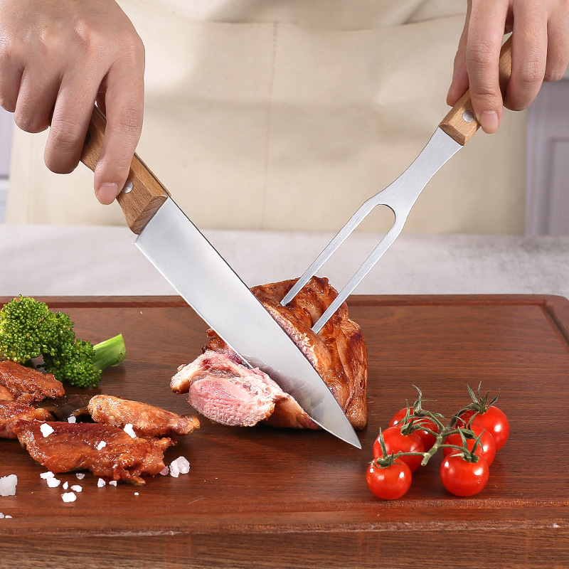 Cross-border Western cuisine knives, beech wood Western cuisine knives and forks, camping meat slicers, stainless steel knives and forks, restaurant steak knife and fork sets details Picture