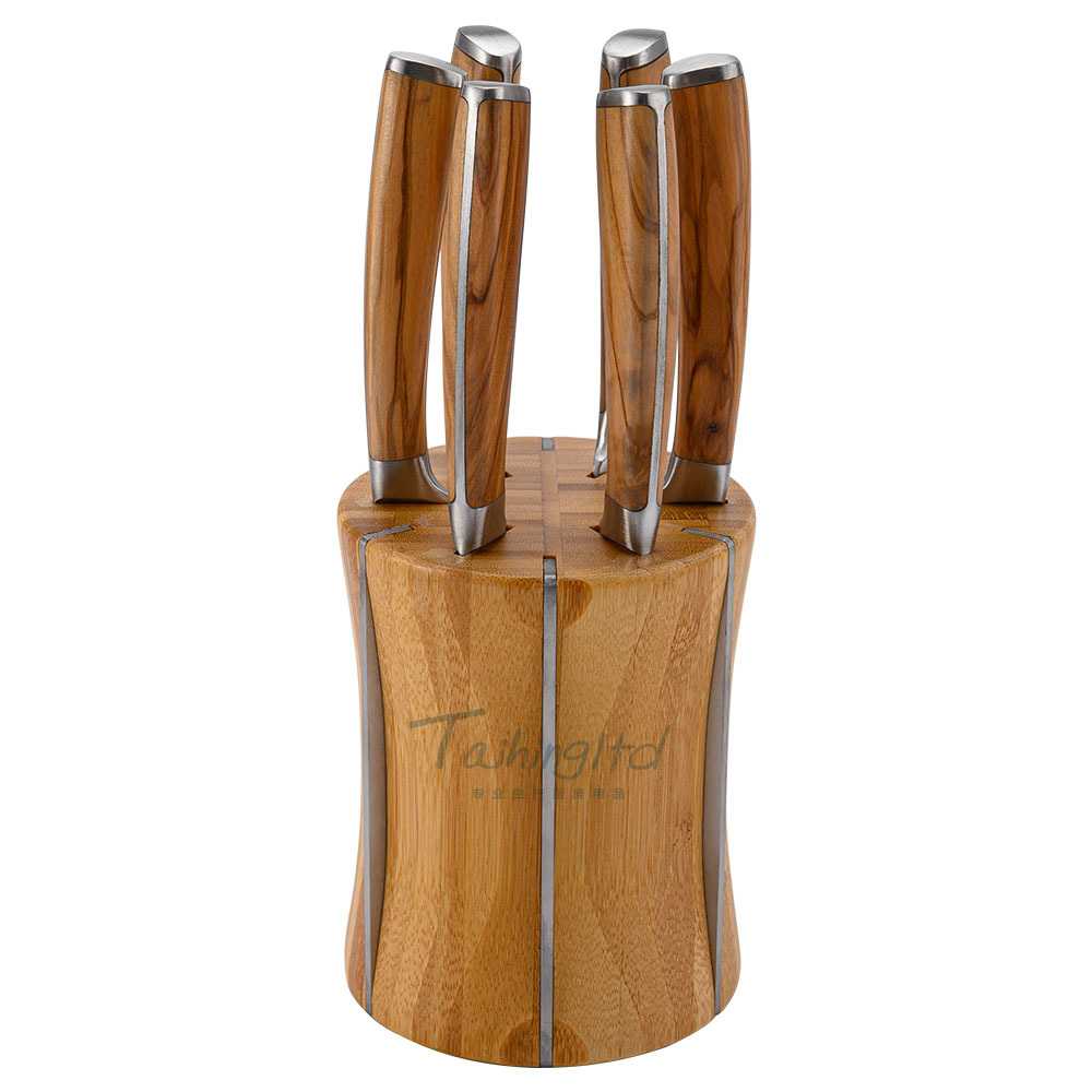 New 6-piece set of olive wood steak knife and 6-piece set of stainless steel Western steak knife and fork with bamboo stand Item Picture