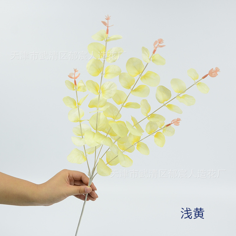 绢布5叉尤加利，单枝仿真尤加利，绿植软装搭配，庭院景观造型，花环插花 ，室内装饰，植物造景，商场布景婚庆装饰花详情图5