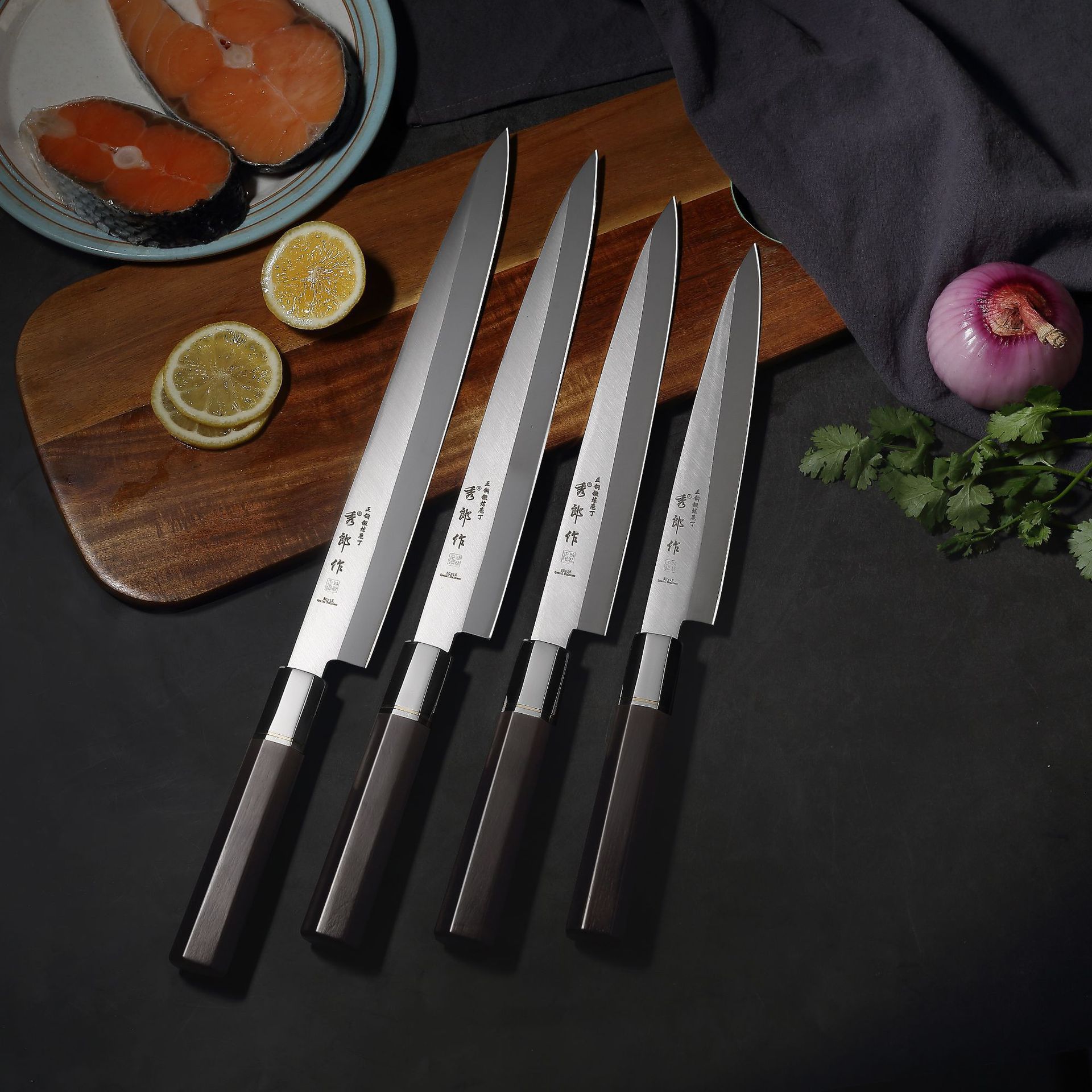 Japanese sashimi knife, Japanese willow blade sushi knife, special knife for cutting salmon, butcher knife, professional sashimi slice knife full figure
