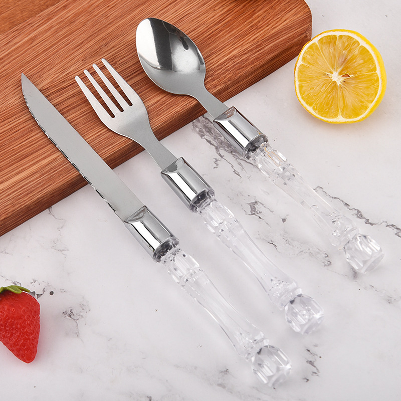 Stainless steel knives and forks, hotel Western cuisine knives and forks, dessert spoons, plastic handle tableware, wholesale of knives, forks and spoons, cross-border creative gifts details Picture