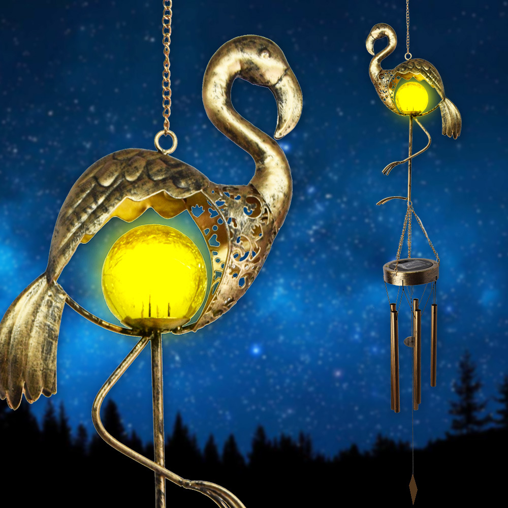 European-style solar flamingo ironwork wind chime lawn landscape light, outdoor garden decoration waterproof floodlight courtyard light full figure