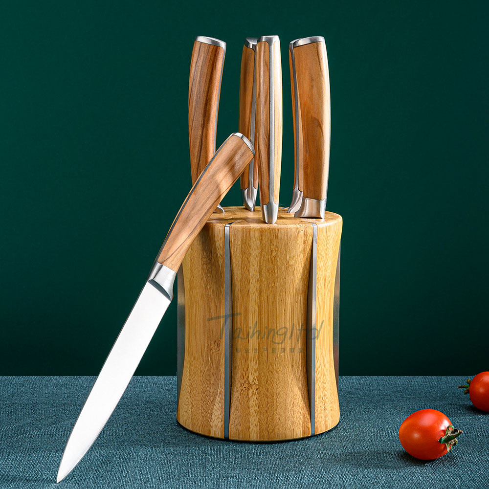New 6-piece set of olive wood steak knife and 6-piece set of stainless steel Western steak knife and fork with bamboo stand full figure