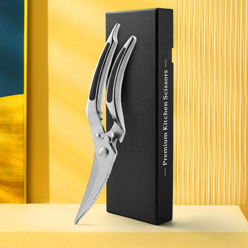 Stainless steel powerful chicken bone scissors, kitchen scissors, multi-functional barbecue scissors, food scissors, household solid Damascus full figure