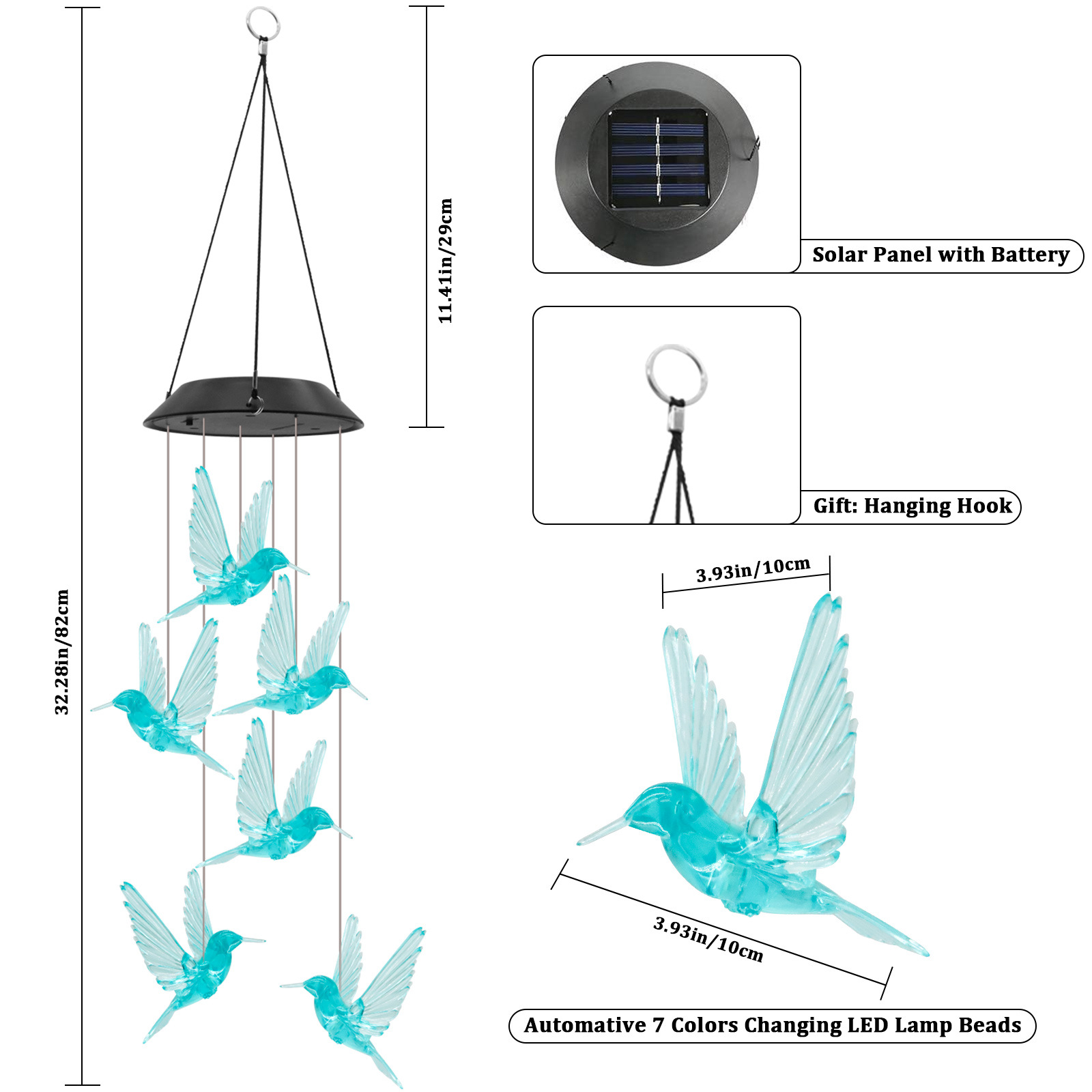 Cross-border outdoor courtyard solar lights, led solar wind chime lights, hummingbird hanging pendant lights, landscape decorative colored lights Item Picture