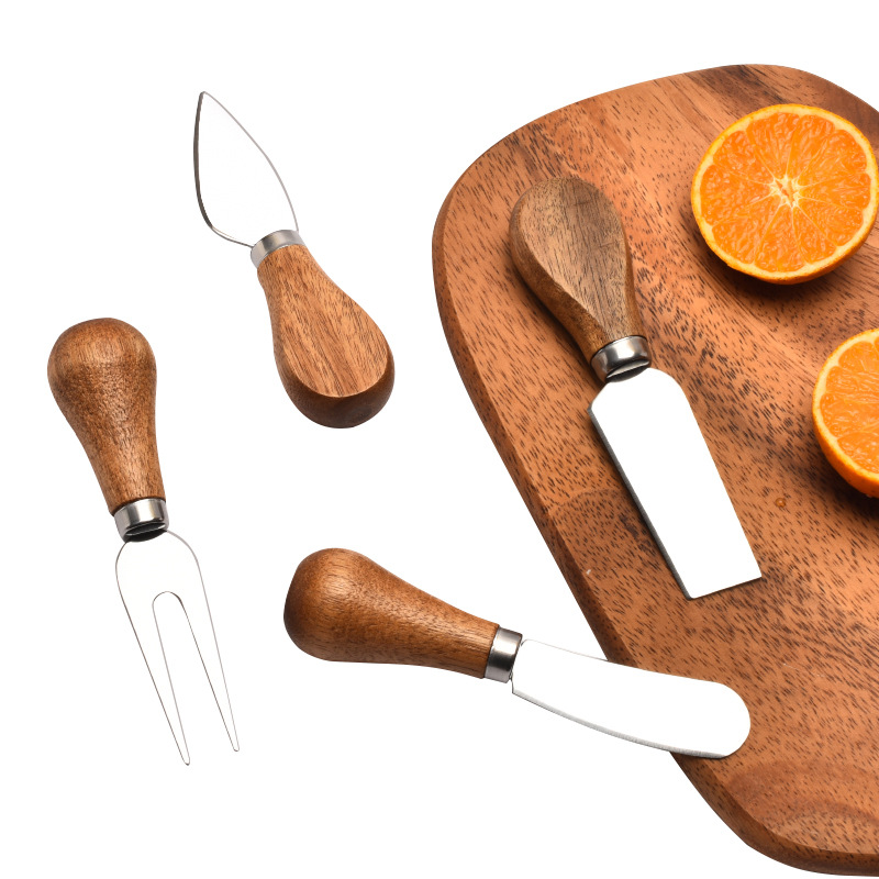 Amazon stainless steel cheese knife, acacia wood handle, cheese knife, fork, spoon, baking butter knife, cream spreading knife set Specification drawing