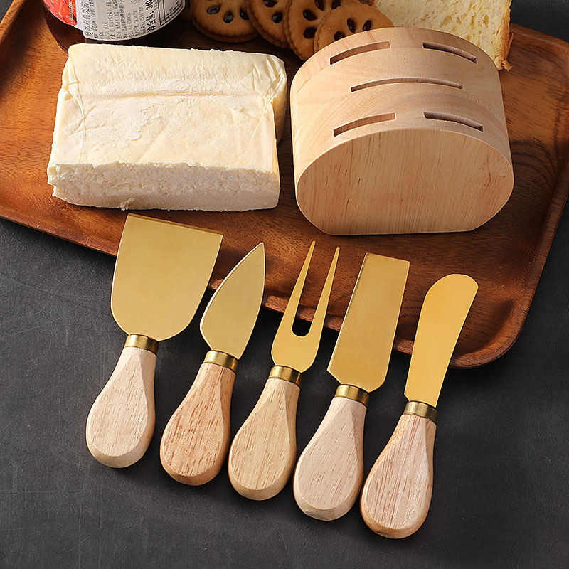 Cross-border oak seat cheese knife, cheese knife, cheese tools, wooden handle, Western-style knife and fork, stainless steel cheese knife 5-piece set Specification drawing