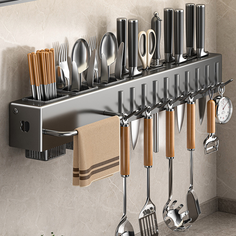 Non-drilling kitchen storage rack, wall-mounted multi-functional chopsticks and knives rack, detachable chopsticks, knives and kitchenware storage rack full figure