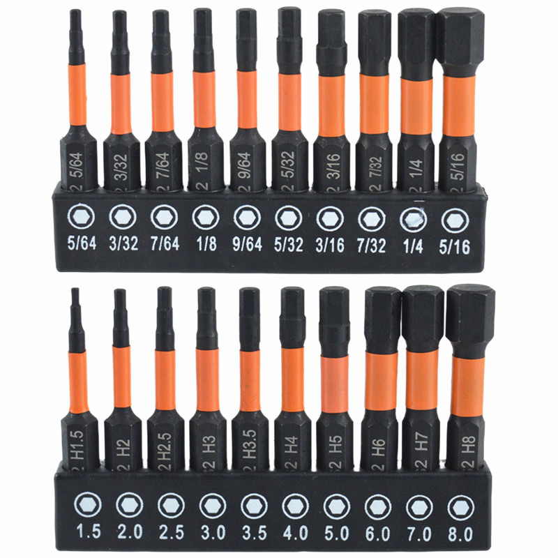 20PC metric and imperial hexagonal screwdriver bit, 50mm hexagonal screwdriver bit, screwdriver bit, S2 material yellow leather bit full figure
