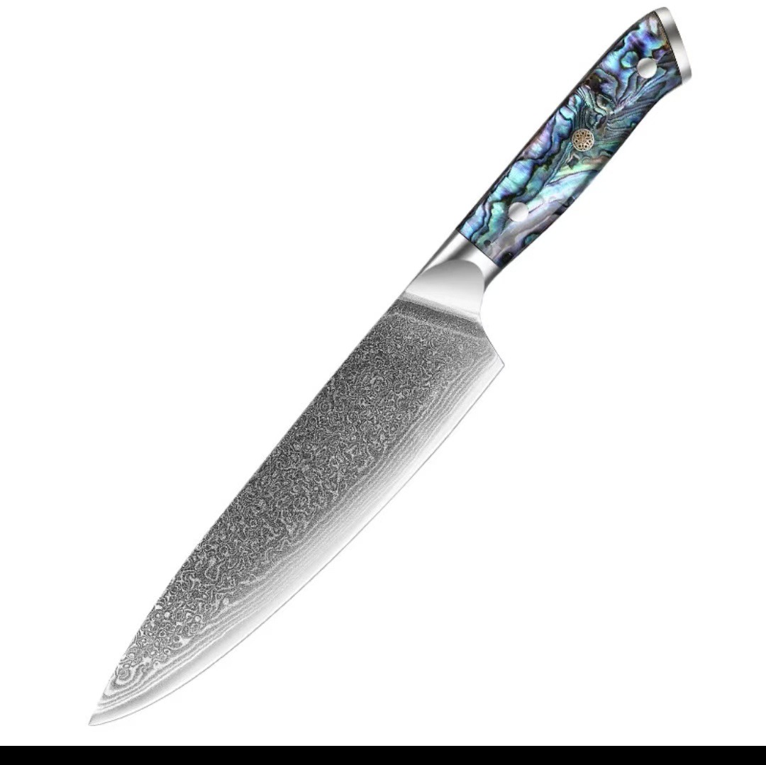 Japanese chef's knife, kitchen knife, slicing knife, meat knife, sushi knife, raw fish knife, abalone handle, Damascus steel knife Item Picture