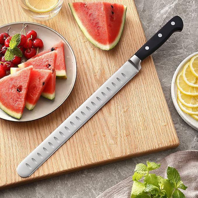 Barbecue outdoor ham knife, Western cuisine knife, single steel head, plastic handle, all-steel high-carbon steel, 12-inch concave point on the knife face details Picture