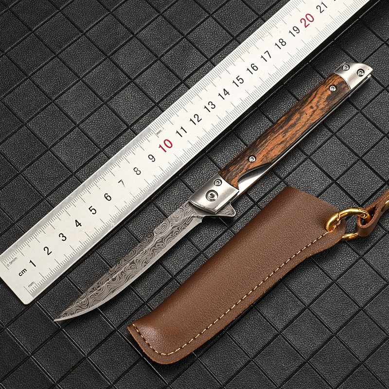 Multi-purpose outdoor camping quick-opening knife, stainless steel portable high-hardness folding knife, Damask pattern folding knife details Picture