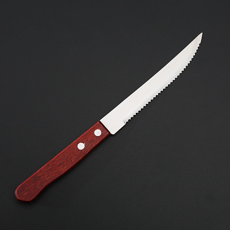 Wooden-handled steak knife, household steak cutting tableware, steak knife, Western cuisine knife, serrated stainless steel barbecue kitchenware Specification drawing