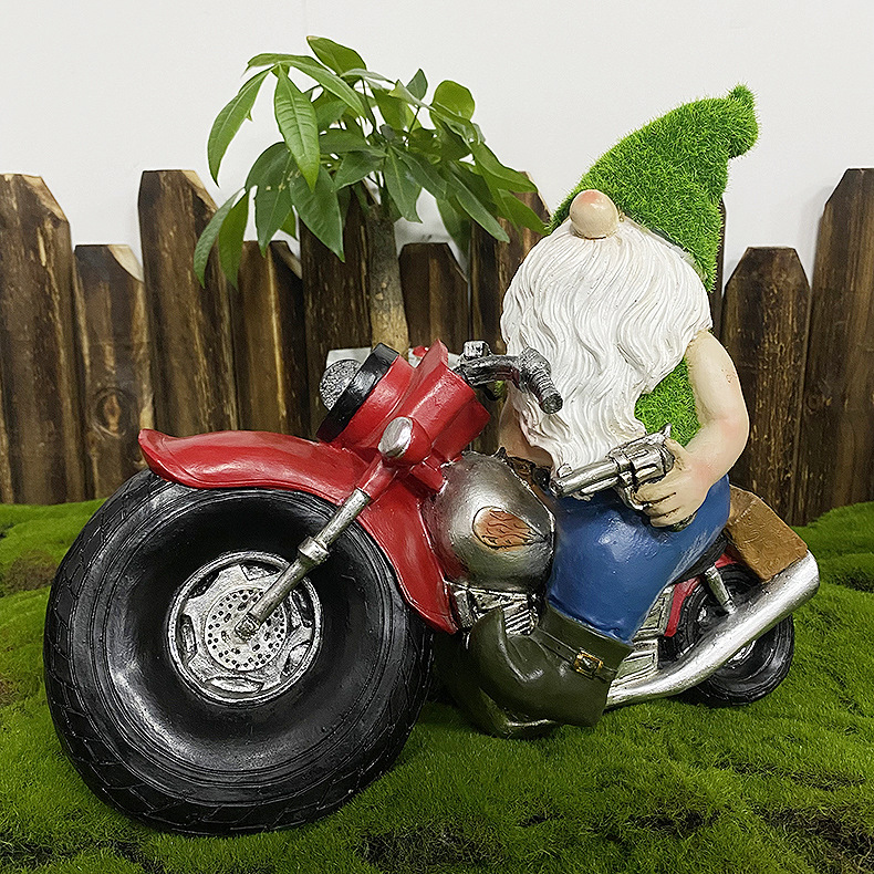 Outdoor solar-powered statue lamp dwarf resin dwarf statue motorcycle courtyard garden decorative craft ornaments details Picture