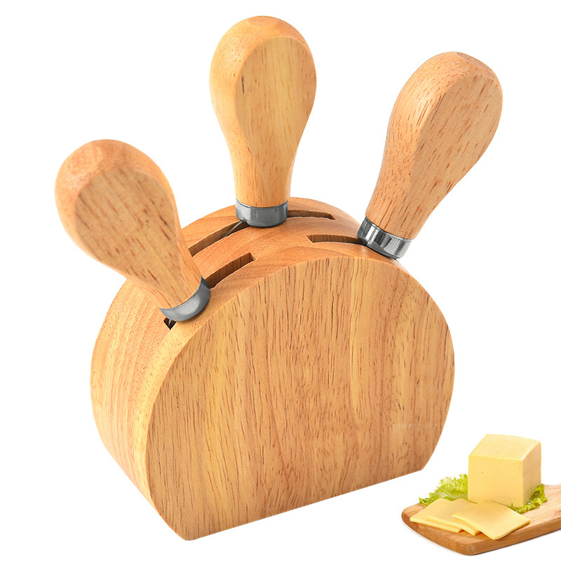 Factory wholesale stainless steel cheese knife and fork three-piece set, wooden handle cheese knife set, household baking tools full figure