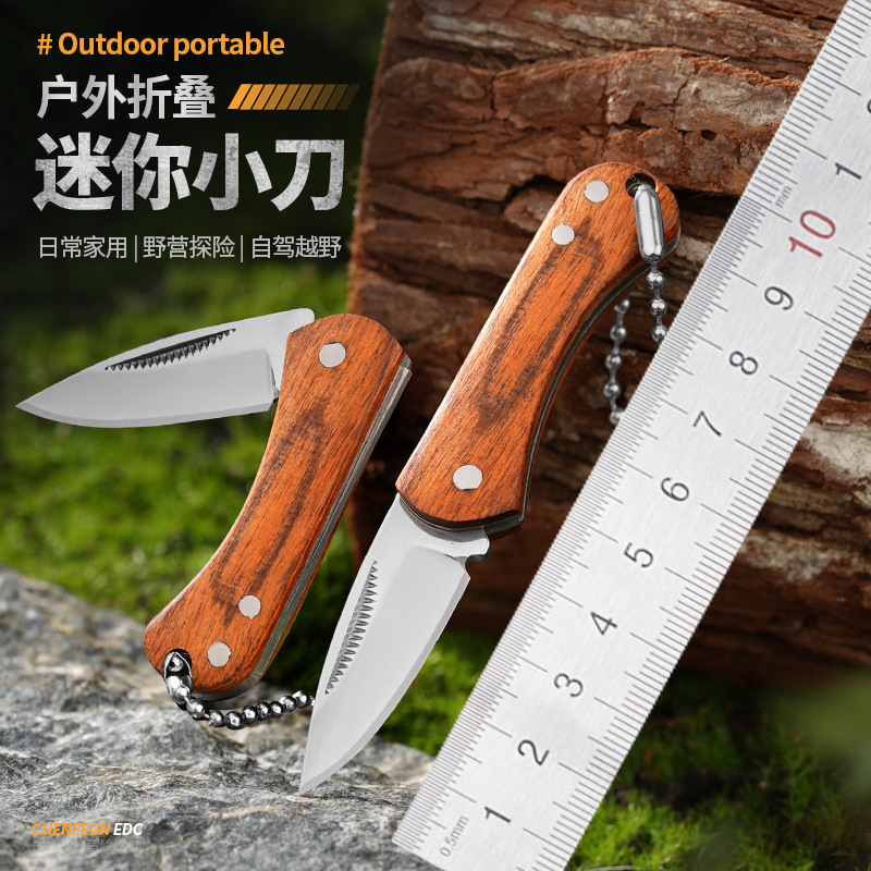 Stainless steel folding knife, folding knife without lock, small color wood portable mini knife, keychain fruit knife, cross-border full figure