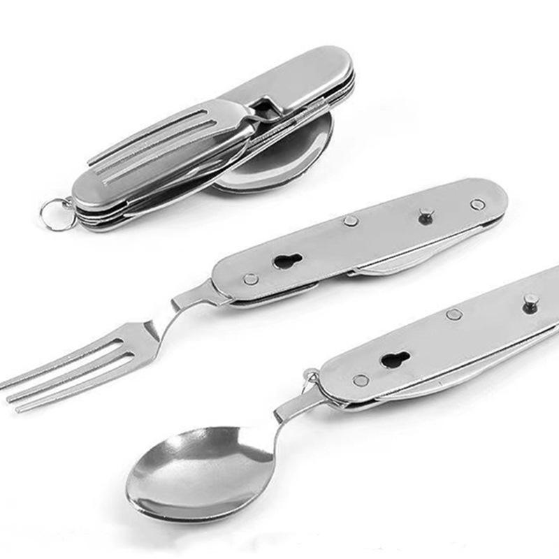 One-piece portable folding and storage stainless steel knife, fork and spoon, outdoor multi-purpose camping tableware, creative picnic tools Application Scenario