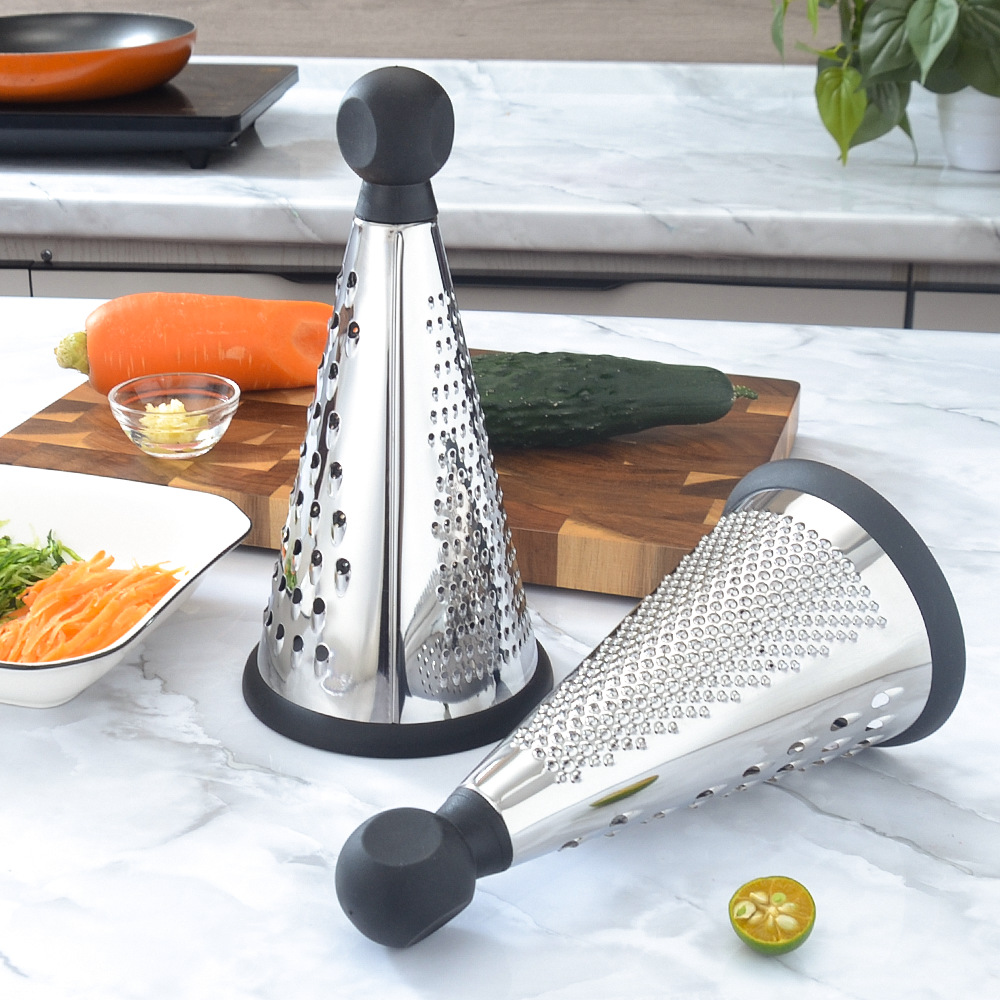 Cross-border stainless steel wooden handle conical grater, kitchen multi-functional three-sided grater, fruit, cheese and cheese grater details Picture