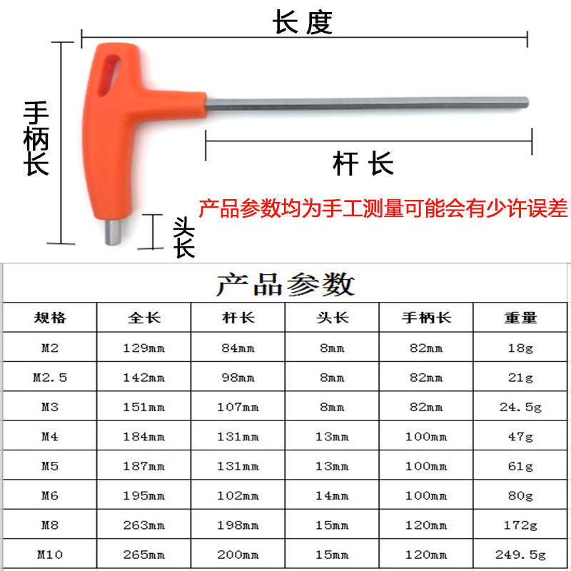 T-shaped hex socket wrench, cane wrench, extended hexagonal and hexagonal screwdriver, flat head hex socket wrench Specification drawing